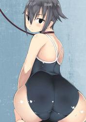 Rule 34 | 1girl, ass, bad id, bad pixiv id, bdsm, black eyes, black hair, collar, competition school swimsuit, highres, leash, looking at viewer, looking back, one-piece swimsuit, original, school swimsuit, short hair, solo, sugimoto takeshi, swimsuit, wet