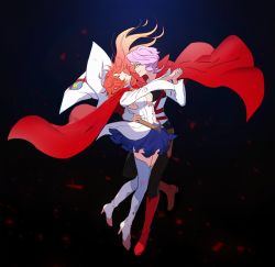 Rule 34 | 2girls, absurdres, breasts, cape, chariot du nord, cleavage, couple, croix meridies, closed eyes, holding hands, highres, imminent kiss, kiss, legs, little witch academia, looking at another, multiple girls, purple hair, red hair, shiny chariot, simple background, skirt, thighs, unconscious, yuri