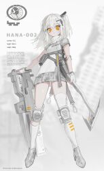 Rule 34 | 1girl, armor, assault rifle, asymmetrical legwear, axe, breasts, bullpup, character name, character profile, character sheet, chest harness, doll joints, english text, frost fog, full body, gloves, grey hair, grey skirt, gun, hair between eyes, hair ornament, hairclip, harness, high heels, highres, holding, holding axe, joints, knee pads, legs apart, long hair, miniskirt, orange eyes, original, pleated skirt, rifle, ringed eyes, science fiction, shirt, shoulder armor, side ponytail, sidelocks, single sock, single thighhigh, skirt, sleeveless, sleeveless shirt, small breasts, socks, tactical clothes, thighhighs, tomahawk, turtleneck, weapon, white footwear, white gloves, white shirt, white socks, white thighhighs
