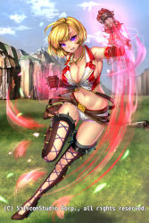 Rule 34 | 1girl, belt, blonde hair, boots, breasts, cleavage, cloud, company name, day, full body, gloves, grass, gyakushuu no fantasica, highres, huge breasts, jewelry, leaf, midriff, navel, necklace, no socks, official art, purple eyes, rock, ryuki@maguro-ex, sky, solo, teeth, veins, veiny breasts