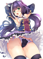 Rule 34 | 1girl, animal ear fluff, animal ears, arms up, black panties, breasts, cameltoe, cat ears, commentary request, cowboy shot, detached sleeves, fang, green eyes, highres, hinata sora, karyl (princess connect!), long hair, looking at viewer, low twintails, medium breasts, multicolored hair, open mouth, panties, petticoat, princess connect!, princess connect!, purple hair, purple skirt, side-tie panties, simple background, skirt, solo, standing, streaked hair, twintails, underwear, vest, white background, white hair