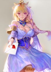 Rule 34 | 1girl, absurdres, bare shoulders, blonde hair, blush, braid, breasts, cleavage, corset, crown, detached sleeves, dress, elf, envelope, gem, heart, highres, huge filesize, knights chronicle, large breasts, lena (knights chronicle), letter, lipstick, long hair, looking at viewer, love letter, makeup, pointy ears, purple eyes, single braid, smile, solo, thaumazo, thighlet, white dress, wind
