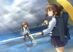 Rule 34 | 10s, 2girls, :o, brown hair, cannon, closed eyes, closed umbrella, cloud, day, dutch angle, fang, folded ponytail, ikazuchi (kancolle), inazuma (kancolle), kantai collection, kuro oolong, long sleeves, md5 mismatch, multiple girls, ocean, open mouth, pantyhose, rainbow, resolution mismatch, school uniform, short hair, skirt, sky, sleeves rolled up, source smaller, turret, umbrella, weapon, yellow eyes