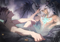 Rule 34 | 2boys, abs, black hair, blue eyes, chest tattoo, dragon wings, fate/apocrypha, fate/grand order, fate (series), glasses, horns, long hair, looking at viewer, male focus, manly, multicolored hair, multiple boys, na222222, nude, one eye closed, onsen, partially submerged, pectorals, same-sex bathing, shared bathing, siegfried (fate), sigurd (fate), tattoo, two-tone hair, water, wet, white hair, wings