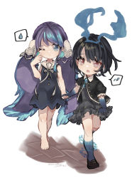 Rule 34 | 2girls, :o, aged down, alice (sinoalice), barefoot, black footwear, blue dress, blue eyes, blue gloves, blue hair, blue legwear, botan yuduki, closed mouth, dress, floor, gloves, hair between eyes, headband, highres, holding another&#039;s arm, long hair, multiple girls, ningyo hime (sinoalice), one eye closed, open mouth, red eyes, shoes, short hair, short sleeves, simple background, sinoalice, sleeveless, speech bubble, standing, sweat, toes, twintails, walking, white background