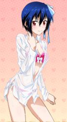 Rule 34 | 10s, 1girl, bikini, blue bow, blue hair, bow, breasts, cleavage, collarbone, cowboy shot, dress shirt, hair bow, looking at viewer, medium breasts, nisekoi, open clothes, open shirt, red bikini, red eyes, shirt, short hair, smile, solo, standing, swimsuit, tsugumi seishirou, wet, wet clothes, wet hat, wet shirt, white shirt