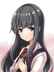 Rule 34 | 1girl, asashio (kancolle), black hair, blouse, blue eyes, bow, bowtie, dress, from side, hand on own chest, highres, kantai collection, long hair, long sleeves, looking at viewer, own hands together, pinafore dress, red bow, red bowtie, red ribbon, ribbon, school uniform, shirt, sidelocks, sleeveless dress, solo, soramuko, upper body, white shirt