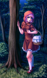 Rule 34 | 1girl, basket, blush, breasts, cape, cosplay, dress, forest, highres, hood, little red riding hood, little red riding hood (grimm), little red riding hood (grimm) (cosplay), mary janes, momo velia deviluke, monorus, nature, pink hair, purple eyes, red cape, shoes, short hair, socks, solo, to love-ru, to love-ru darkness