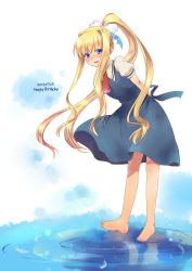 00s 1girl air_(visual_novel) barefoot blonde_hair blue_eyes clothes_lift dress dress_lift female_focus hair_ribbon happy_birthday highres kamio_misuzu long_hair misaki_juri ponytail ribbon school_uniform skirt_hold solo very_long_hair water