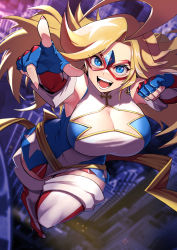 Rule 34 | 1girl, ahoge, american flag, american flag print, bare shoulders, blonde hair, blue eyes, boots, breasts, cityscape, cleavage, cleavage cutout, clothing cutout, dress, earrings, eye mask, fingerless gloves, flag print, flying, forehead, from above, fujioka yatsufusa, gloves, high heel boots, high heels, highres, jewelry, kamen america, kamen america (comic), large breasts, long hair, looking up, nail polish, open mouth, parted bangs, patriotism, pink nails, pointing, sash, short dress, sleeveless, sleeveless dress, smile, solo, star (symbol), star cutout, star earrings, striped clothes, striped footwear, superhero costume, teeth, thigh boots, thighhighs, upturned eyes, vertical-striped footwear, yellow sash, zettai ryouiki