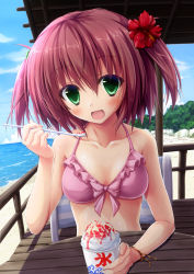 Rule 34 | 1girl, bare arms, bare shoulders, beach, bikini, blush, breasts, collarbone, drinking straw, flower, food, frilled bikini, frills, green eyes, hair between eyes, hair flower, hair ornament, hibiscus, holding, holding drinking straw, kurumi (suien), looking at viewer, medium breasts, ocean, open mouth, original, outdoors, pink bikini, red eyes, shaved ice, short hair, sitting, smile, solo, suien, swimsuit, upper body, water