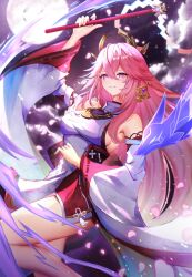 Rule 34 | 1girl, bare shoulders, breasts, commentary request, detached sleeves, gao kawa, genshin impact, gohei, grin, highres, holding, holding gohei, long hair, long sleeves, medium breasts, moon, nontraditional miko, pink hair, purple eyes, shirt, sideboob, sleeveless, sleeveless shirt, smile, solo, thighs, very long hair, white shirt, yae miko