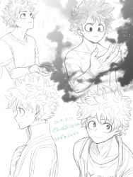 Rule 34 | 1boy, boku no hero academia, buthikireta, collarbone, commentary request, dated, english text, fog, from side, frown, greyscale, hand up, jacket, male focus, messy hair, midoriya izuku, monochrome, multiple views, open clothes, open jacket, open mouth, rain, scar, scar on arm, shirt, short hair, simple background, smile, translation request, white background