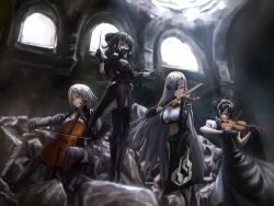 Rule 34 | 4girls, agent (girls&#039; frontline), alchemist (girls&#039; frontline), arms up, conductor baton, black dress, black gloves, black hair, black legwear, bow (music), breasts, brown eyes, cello, cishi nianshao, cleavage, conductor, curly hair, detached sleeves, double bun, dress, eyepatch, closed eyes, fingerless gloves, gas mask, girls&#039; frontline, gloves, green eyes, hair ornament, hairclip, highres, holding, hunter (girls&#039; frontline), instrument, large breasts, long hair, long sleeves, maid, maid headdress, mask, medium breasts, midriff, multiple girls, music, playing instrument, rubble, sangvis ferri, sangvis ferri android (girls frontline), scarecrow (girls&#039; frontline), scenery, short sleeves, silver hair, sitting, standing, straight hair, striped, thighhighs, twintails, violin, window, yellow eyes