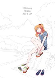Rule 34 | 1girl, bird, blue eyes, company name, full body, highres, knee up, long hair, nature, neon genesis evangelion, official art, on rock, orange hair, outdoors, sandals, shirt, shoes, short shorts, short sleeves, shorts, sitting, smile, solo, souryuu asuka langley, striped clothes, striped shirt, toes, tying shoes