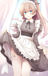 Rule 34 | 1girl, :d, alternate costume, apron, black ribbon, blue eyes, blush, breasts, brown dress, brown hair, buttons, curtains, dress, enmaided, feet out of frame, garter straps, hair between eyes, kantai collection, kumano (kancolle), long hair, long sleeves, maid, maid apron, maid headdress, medium breasts, open mouth, ponytail, ribbon, rui shi (rayze ray), smile, solo, sparkle, thighhighs, white apron, white thighhighs, window