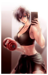 Rule 34 | 1girl, artist name, bike shorts, black shorts, breasts, brown hair, cassiopeia elda, cellphone, cleavage, closed mouth, dated, dumbbell, green eyes, hair between eyes, highres, holding, holding phone, kuori chimaki, lips, looking at viewer, medium breasts, midriff, navel, official art, phone, saint seiya, saint seiya saintia sho, short hair, shorts, solo, sports bra, sweat