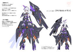 Rule 34 | 1girl, alice gear aegis, armor, arms at sides, asymmetrical bangs, bare shoulders, cannon, character sheet, covered navel, flat color, full body, hair between eyes, hair ornament, high heels, looking at viewer, mecha musume, plantar flexion, ponytail, purple eyes, single wing, smile, takamaru (taka1220), translation request, white hair, wings