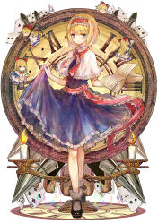 Rule 34 | 1girl, alice margatroid, bad id, bad pixiv id, bai qi-qsr, blonde hair, blue dress, blue eyes, blush, book, broom, bucket, candelabra, candle, candlestand, capelet, card, clock, clothes lift, collared shirt, doll, dress, dress lift, frilled dress, frills, hair ribbon, hairband, hands up, highres, holding, holding book, holding clothes, holding dress, lifting own clothes, looking at viewer, mop, open book, playing card, red ribbon, ribbon, roman numeral, shirt, shoes, short hair, simple background, skirt, skirt lift, solo, standing, string, string of fate, touhou, white background, wiping