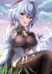 Rule 34 | 1girl, ahoge, bare shoulders, bell, black gloves, blue hair, blue sky, blush, bodystocking, breasts, brown pantyhose, detached sleeves, dress, ganyu (genshin impact), genshin impact, gloves, grass, hand on own chest, horns, izumi akane, large breasts, leaf, long hair, looking at viewer, open mouth, pantyhose, purple eyes, revision, sitting, sky, smile, solo, thighs, white dress