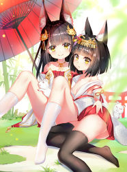 Rule 34 | 2girls, animal, animal ear fluff, animal ears, asanogawa (tutufcc), ass, azur lane, bare shoulders, black socks, blunt bangs, blurry, blurry foreground, blush, brown eyes, brown hair, closed mouth, collarbone, commentary request, day, depth of field, dress, fox, fox ears, head tilt, highres, japanese clothes, kimono, kneehighs, long hair, long sleeves, looking at viewer, multiple girls, mutsu (azur lane), nagato (azur lane), no shoes, off shoulder, oil-paper umbrella, outdoors, pleated dress, pleated skirt, red dress, red skirt, red umbrella, sitting, skirt, smile, socks, strapless, strapless dress, thighhighs, torii, umbrella, very long hair, white kimono, white legwear