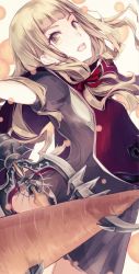 Rule 34 | 1girl, bad id, bad twitter id, blonde hair, cape, carrot, energy ball, hair ribbon, highres, holding, holding polearm, holding weapon, long hair, looking at viewer, moo alice moo, open mouth, orange eyes, polearm, red riding hood (sinoalice), ribbon, sinoalice, solo, wavy hair, weapon, white background