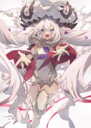 Rule 34 | 1girl, absurdres, blue eyes, boots, fate/grand order, fate (series), frilled headwear, gloves, highres, long hair, marie antoinette (fate), marie antoinette (third ascension) (fate), no-kan, open mouth, reaching, reaching towards viewer, solo, thigh boots, white footwear, white gloves, white hair, white headwear
