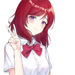Rule 34 | 1girl, artist name, artist request, atychi, blush, bow, collared shirt, female focus, hair between eyes, looking at viewer, love live!, love live! school idol project, nishikino maki, otonokizaka school uniform, parted lips, purple eyes, red bow, red hair, school uniform, shirt, short hair, smile, solo, white background, white shirt