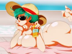 Rule 34 | 1girl, ass, blue eyes, blue hair, breasts, bulma, hat, highres, huge ass, looking at viewer, lotion, lying, lying on ground, nail polish, nala1588, on stomach, pool, sunglasses, sunscreen, tagme, towel