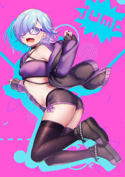Rule 34 | 1girl, bandeau, bare shoulders, black choker, black footwear, black jacket, black shorts, black thighhighs, blue eyes, blue hair, boots, breasts, choker, colored shadow, commentary request, crop top, drop shadow, full body, glasses, hair over one eye, highres, hood, hood down, hooded jacket, jacket, kitasaya ai, long sleeves, looking at viewer, looking to the side, medium breasts, nail polish, navel, off shoulder, open clothes, open jacket, original, pinching sleeves, purple-framed eyewear, purple bandeau, purple nails, shadow, short shorts, shorts, sleeves past wrists, solo, thighhighs, virtual youtuber