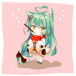 Rule 34 | 1girl, absurdly long hair, ahoge, akashi (azur lane), azur lane, bad id, bad pixiv id, bell, bow, box, chibi, choker, commentary request, food, full body, green hair, hair bow, hair ornament, hair ribbon, hairpin, heart, heart ahoge, highres, holding, kamakura (abcd-1111-58), long hair, looking at viewer, low-tied long hair, mouth hold, neck bell, pocky, pocky day, ribbon, ribbon choker, simple background, sleeves past wrists, solo, very long hair, yellow eyes
