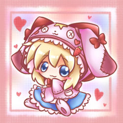 Rule 34 | 1girl, :3, animal hat, blonde hair, blue eyes, blush, blush stickers, bow, bowtie, carrot, chibi, food-themed hair ornament, hair ornament, hands in opposite sleeves, hat, heart, jacket, paw shoes, pink background, rabbit hat, red bow, red bowtie, ritateo, shanghai doll, short hair, sitting, sleeves past wrists, smile, solo, touhou, x x