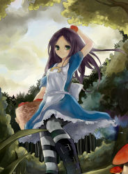 Rule 34 | 1girl, absurdres, alice: madness returns, alice (alice in wonderland), alice in wonderland, alice liddell (american mcgee&#039;s alice), american mcgee&#039;s alice, american mcgee's alice, apple, bad id, bad pixiv id, basket, black hair, blue eyes, blush, boots, bug, butterfly, dj.adonis, food, fruit, green eyes, highres, insect, long hair, looking at viewer, mushroom, pantyhose, solo, striped clothes, striped pantyhose, thighhighs