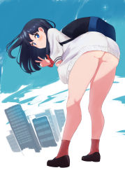 Rule 34 | 1girl, arigiep, ass, backpack, bag, bare legs, bent over, black hair, blue eyes, blue sky, blush, bottomless, cardigan, commentary request, gridman universe, hand in pocket, highres, legs, loafers, long hair, long sleeves, looking at viewer, naked sweater, no panties, orange scrunchie, red socks, school uniform, scrunchie, shirt, shoes, sky, socks, solo, ssss.gridman, straight hair, sweater, takarada rikka, thighs, v, white cardigan, white shirt, white sweater, wrist scrunchie