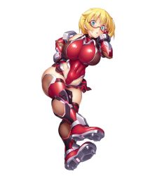 Rule 34 | 1girl, blonde hair, breasts, cleats, full body, glasses, highres, large breasts, leotard, lilith-soft, potion (moudamepo), red leotard, red thighhighs, shinohara mari, short hair, solo, taimanin (series), taimanin rpgx, thighhighs