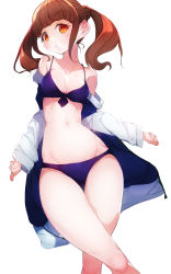 Rule 34 | 1girl, bikini, breasts, brown hair, coat, collarbone, commentary request, cropped legs, groin, healin&#039; good precure, highres, hiramitsu hinata, long hair, looking at viewer, medium breasts, navel, orange eyes, precure, purple bikini, rikito1087, simple background, solo, standing, swimsuit, twintails, white background, white coat