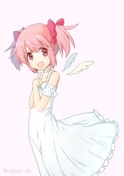 Rule 34 | 1girl, :d, bow, commentary request, detached wings, dress, hair bow, highres, kaname madoka, looking at viewer, magia record: mahou shoujo madoka magica gaiden, mahou shoujo madoka magica, mahou shoujo madoka magica (anime), mahou shoujo madoka magica movie 1 &amp; 2, open mouth, pink background, pink bow, pink eyes, pink hair, regular bb, smile, solo, twitter username, two side up, white dress, wings