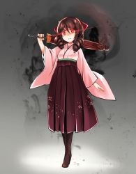 Rule 34 | 10s, 1girl, aura, boots, bow, brown footwear, brown hair, clenched teeth, closed umbrella, cross-laced footwear, dark aura, drill hair, full body, glowing, glowing eyes, grey background, hair bow, hakama, hakama skirt, harukaze (kancolle), head tilt, highres, holding, holding umbrella, japanese clothes, kantai collection, kimono, knee boots, long skirt, long sleeves, looking at viewer, meiji schoolgirl uniform, nontraditional miko, parasol, purple skirt, red bow, red eyes, simple background, skirt, solo, standing, teeth, twin drills, umbrella, wide sleeves, zero (miraichizu)