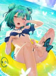 Rule 34 | 1girl, :o, absurdres, arm up, bare shoulders, barefoot, bikini, blue bikini, blue bow, bow, breasts, bug, butterfly, choker, day, double bun, feet, front-tie bikini top, front-tie top, green hair, hair bun, halterneck, highres, hololive, innertube, insect, leg up, lens flare, looking at viewer, navel, off shoulder, open mouth, orange eyes, outdoors, seicoh, short hair, side-tie bikini bottom, small breasts, solo, stomach, sunlight, swim ring, swimsuit, teeth, toes, upper teeth only, uruha rushia, virtual youtuber, water, wet