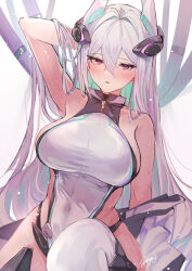 Rule 34 | 1girl, armpits, azur lane, bare shoulders, blush, breasts, commentary request, covered navel, hair between eyes, hand in own hair, kearsarge (azur lane), large breasts, leotard, long hair, looking at viewer, parted lips, purple eyes, purple hair, sea nami, signature, solo, thighhighs, white leotard, white thighhighs