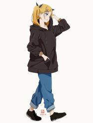 Rule 34 | 1girl, adjusting clothes, artist logo, black hoodie, black ribbon, blonde hair, blue eyes, blue pants, blush, brown footwear, casual, commentary, cross-laced footwear, dated, denim, from side, full body, grey background, hair ornament, hair ribbon, hairclip, hand in pocket, highres, hood, hoodie, jeans, long sleeves, medium hair, miyahara takuya, mole, mole under eye, pants, parted bangs, parted lips, profile, ribbon, shirobako, shoes, simple background, solo, twintails, walking, yano erika