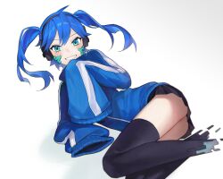 Rule 34 | 1girl, black skirt, black thighhighs, blue hair, blue jacket, blush, daya (13urntsienna), ene (kagerou project), green eyes, grey background, grin, headphones, highres, jacket, kagerou project, long hair, looking at viewer, lying, miniskirt, no feet, on side, simple background, skirt, sleeves past fingers, sleeves past wrists, smile, solo, thighhighs, twintails
