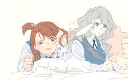 Rule 34 | 10s, 2girls, annoyed, aqua eyes, bad id, bad pixiv id, blue vest, blush, book, bored, brown eyes, brown hair, buttons, collar, collared shirt, d:, diana cavendish, eyebrows, eyelashes, grey hair, half updo, kagari atsuko, little witch academia, long hair, long sleeves, looking at another, looking to the side, motion lines, multiple girls, open book, open mouth, pen, pile of books, quill, raised eyebrow, roku (tsua-kihuyu), school uniform, shirt, simple background, sketch, sleeveless, sweat, tareme, tsurime, turning page, vest, wavy hair, white shirt, writing