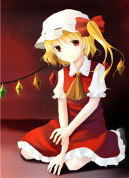 Rule 34 | 1girl, :o, ascot, blonde hair, female focus, flandre scarlet, gradient background, hat, hat ribbon, head tilt, light particles, looking at viewer, mob cap, red background, red eyes, ribbon, short hair, short sleeves, side ponytail, sitting, skirt, skirt set, solo, tamae (pixiv40276), touhou, wariza, wings