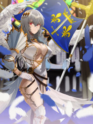 Rule 34 | 1girl, absurdres, alternate costume, azur lane, breasts, cathedral, center opening, commission, feather dress, feathered wings, feathers, flag, fleur-de-lis, from side, gloves, gold trim, grey hair, hair between eyes, hand on own hip, highres, holding, holding flag, knight, large breasts, long hair, looking at viewer, mole, mole under eye, pixiv commission, red eyes, saint-louis (azur lane), sankyo (821-scoville), solo, standing, white gloves, wings
