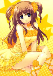 Rule 34 | 1girl, absurdres, brown hair, dress, drill hair, highres, lace-up thighhighs, legs, nishimata aoi, panties, purple eyes, solo, star (symbol), twin drills, underwear, yellow panties