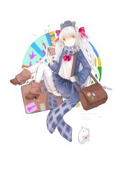 Rule 34 | 1girl, alternate hair color, bag, blue jacket, blue scarf, blue skirt, book, boots, bow, bowtie, brown footwear, doll, fubuki (warship girls r), galo (warship girls r), hair between eyes, hair ribbon, hand up, headgear, highres, holding, holding book, holding strap, jacket, knees up, leg up, long hair, looking away, open clothes, open jacket, open mouth, plaid, plaid scarf, pleated skirt, red bow, red bowtie, red eyes, red ribbon, ribbon, scarf, school uniform, shirt, shoulder bag, silver hair, simple background, sitting, skirt, solo, thighhighs, thighs, warship girls r, white background, white shirt, white thighhighs, wind chime, yi yu