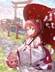 Rule 34 | 1girl, absurdres, ahoge, architecture, asymmetrical hair, bell, blue sky, blush, branch, breasts, bridge, cat, cherry blossoms, cloud, cloudy sky, commentary, day, detached sleeves, east asian architecture, floral print, full body, grass, green eyes, hair bell, hair between eyes, hair ornament, highres, holding, holding umbrella, hololive, japanese clothes, kimono, kintoki (sakura miko), kouhaku nawa, lamppost, looking at viewer, medium breasts, medium hair, miniskirt, nontraditional miko, open mouth, outdoors, parasol, petals, pink hair, red skirt, rope, sakura miko, sakura miko (1st costume), sakuramon, sandals, shimenawa, side ponytail, skirt, sky, smile, solo, squatting, stream, syafa, torii, umbrella, virtual youtuber, water, white kimono, wide sleeves, wing collar, x hair ornament