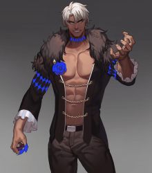 Rule 34 | 1boy, abs, bare pectorals, belt, blue eyes, blue flower, blue rose, chain, chain, commentary, commission, cowboy shot, dark skin, dark-skinned male, english commentary, flower, frilled sleeves, frills, fur-trimmed jacket, fur trim, gold chain, grey background, grin, heterochromia, highres, jacket, jouvru, long sleeves, looking at viewer, male focus, muscular, open clothes, orange eyes, original, pants, pectorals, rose, topless male, simple background, smile, solo, symbol-only commentary, thick eyebrows, white hair