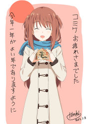 Rule 34 | 10s, 1girl, 2012, blush, brown hair, character request, coat, dated, dragon, eastern dragon, ema, closed eyes, female focus, happy, holding, long hair, new year, open mouth, overcoat, parka, scarf, smile, solo, takayaki, translation request, two side up